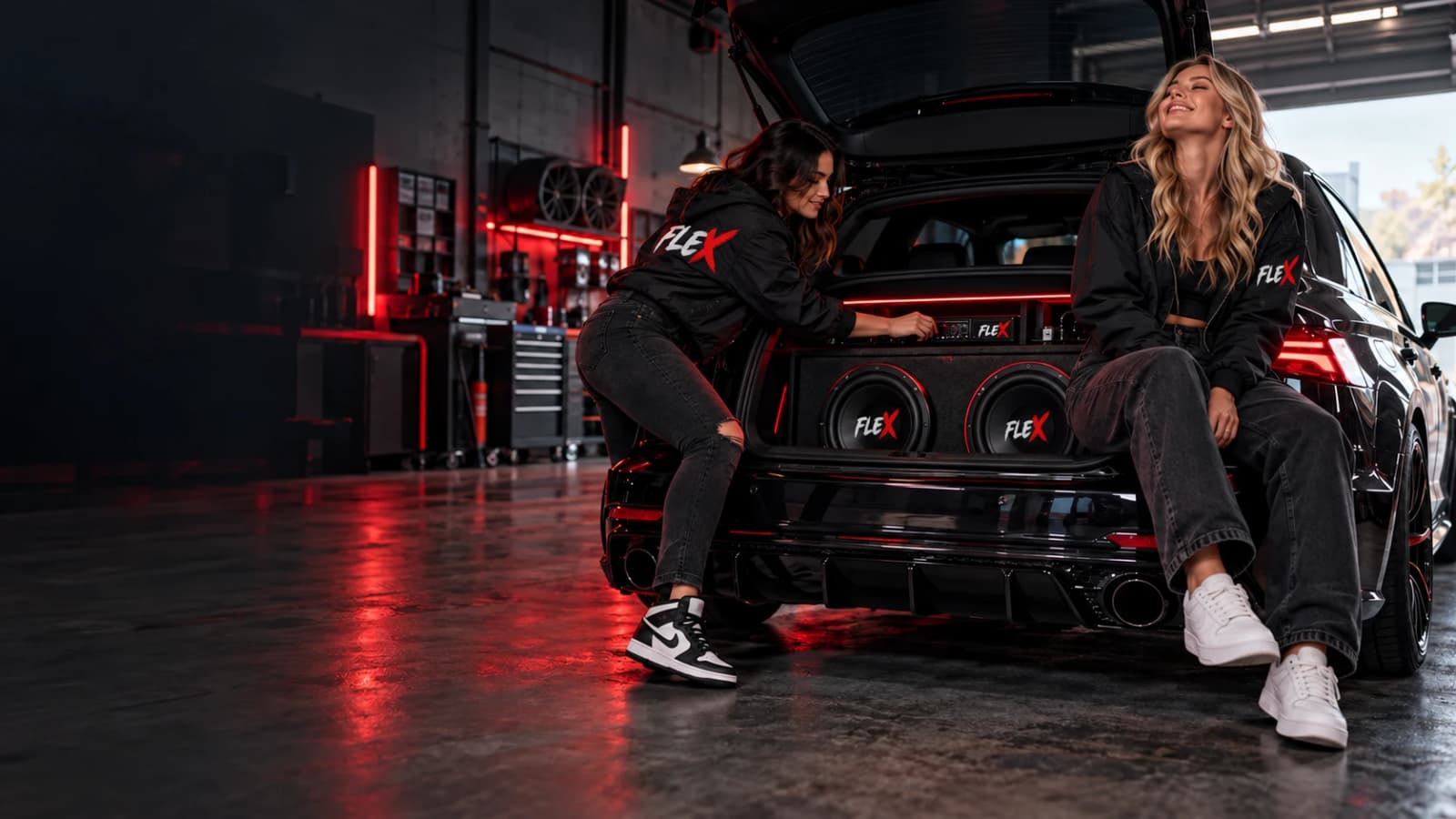 Two car audio enthusiasts wearing FLEX jackets beside a FLEX-branded audio installation