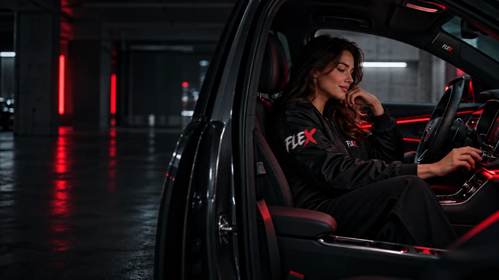 Car audio enthusiast wearing a FLEX jacket in a red-lit car interior