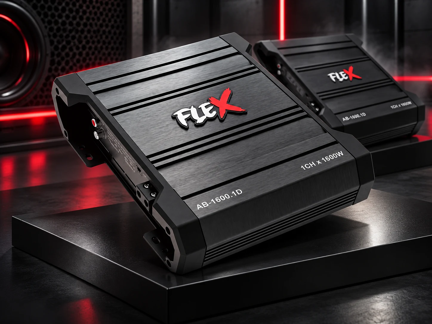 FLEX AB-1600.1D amplifiers in a dark studio with red lighting