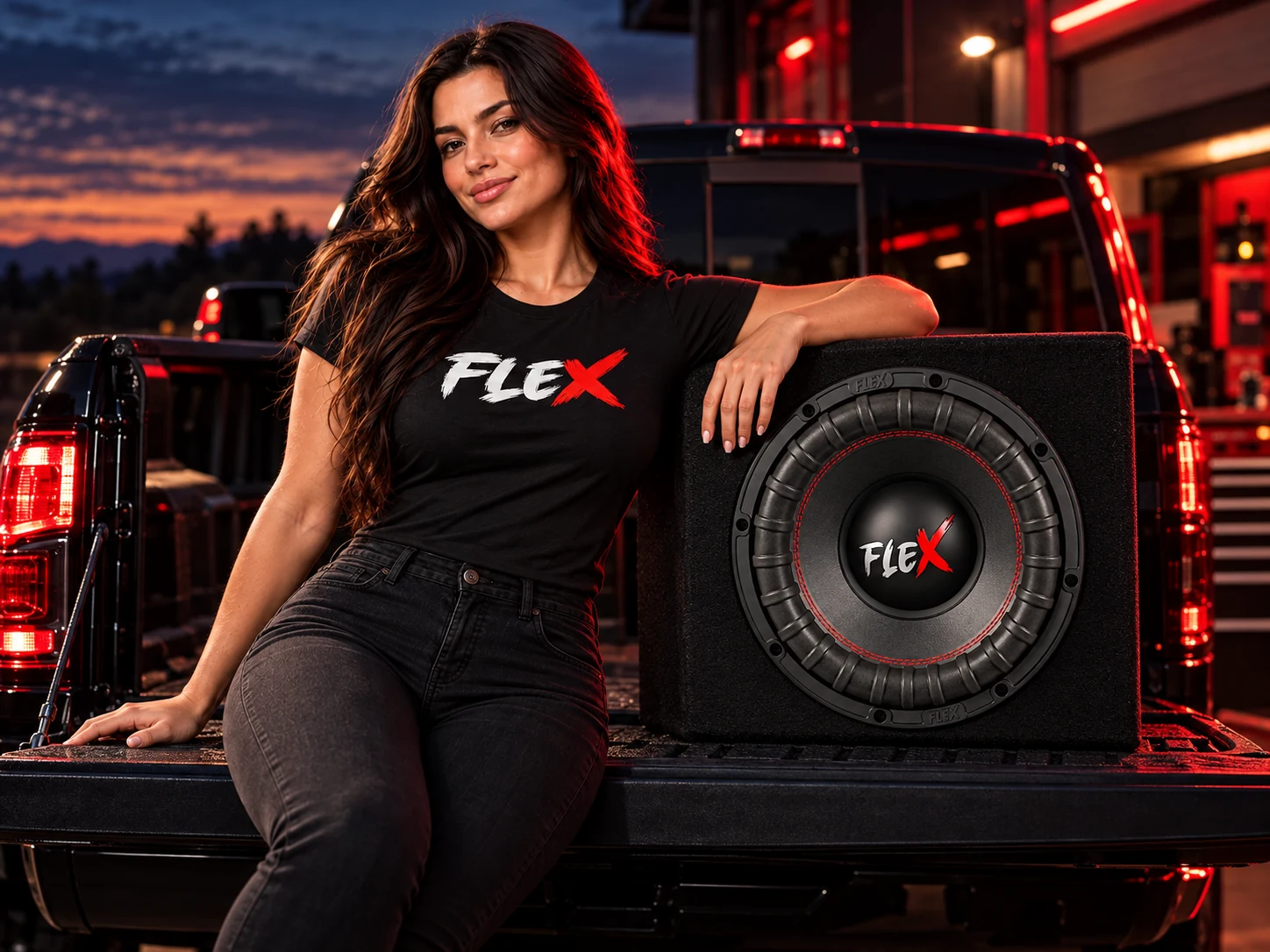 The FLEX model resting her hand on an FX-12 800 subwoofer enclosure beside a pickup truck